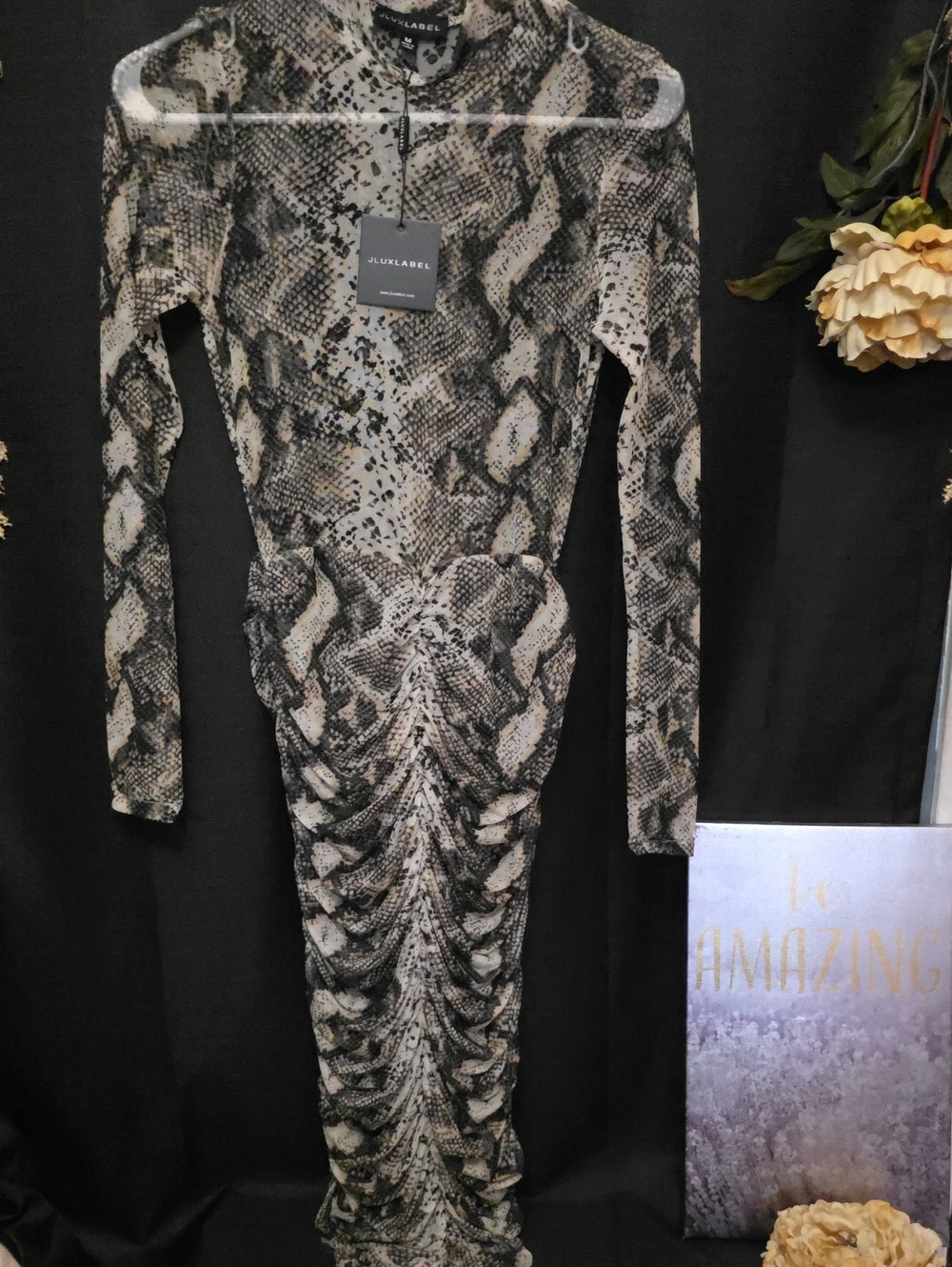 NWT JLUXLABEL SZ M Long Sleeve Snake-Print Ruched Sheer Mesh Midi/Maxi Dress
